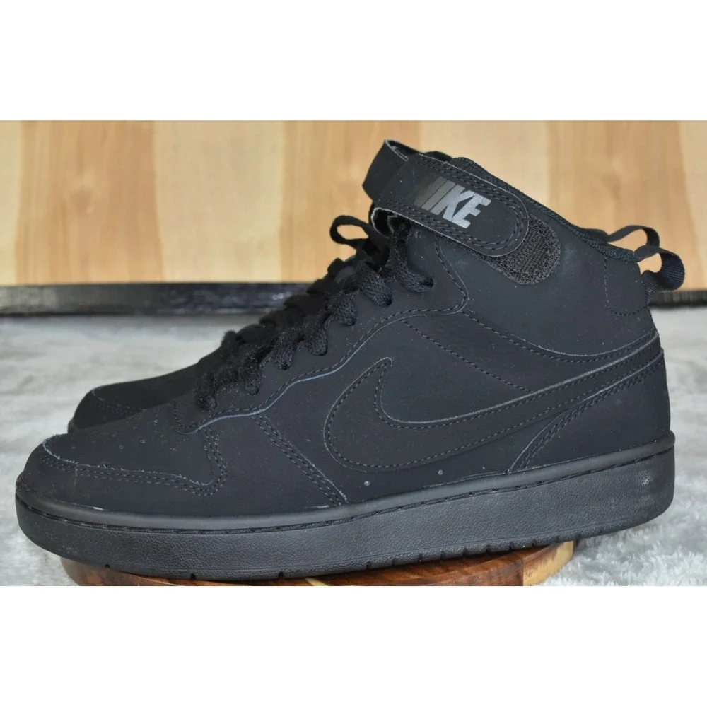 Nike Court Borough Mid 2 GS Kids Shoes Size 6.5Y Triple Black Suede Sneakers